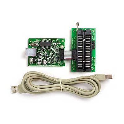 melabs U2 Programmer Board in a plastic enclosure, the 840Z Programming Adapter, and a USB Cable U2CBUN