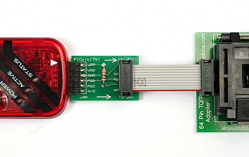 Programming a device in an melabs 64TQFP adapter using Microchip's PICkit3: